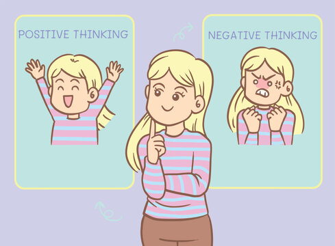 Woman choosing  mindset positive thinking and negative thinking Cartoon style.