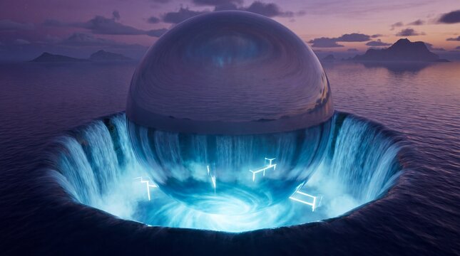 Futuristic reflective sphere hovering in ocean whirlpool waterfall at sunset