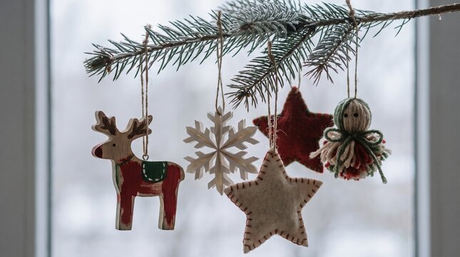 Handmade Christmas ornaments hanging from an evergreen branch  