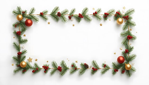 Festive christmas border with evergreen branches and colorful ornaments on a white background