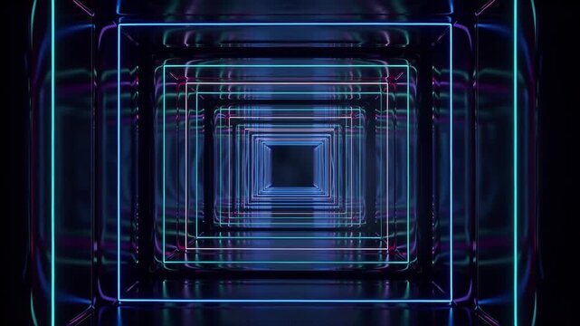 Neon Square Tunnel Perspective Moving Through Digital Grid Environment Futuristic Cyberpunk Style for Tech or Data Visualization Projects
