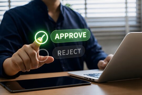 Businessman Making Digital Approve Interface in Modern Workspace, Highlighting Workflow Optimization, Decision Validation, and Efficient Corporate Process Control.