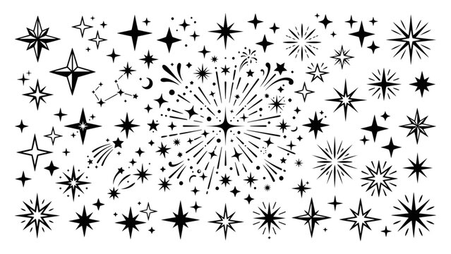 A wonderful collection of hand drawn magical night sky elements and twinkling celestial symbols featuring various glowing stars and festive constellation shapes for creative design projects