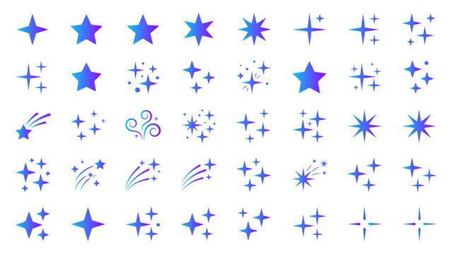 A collection of colorful shiny stars and magical glowing sparkles arranged in a grid pattern to represent night sky elements and celestial symbols for creative design projects and digital artwork