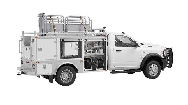 White service utility pickup truck with equipment isolated on white