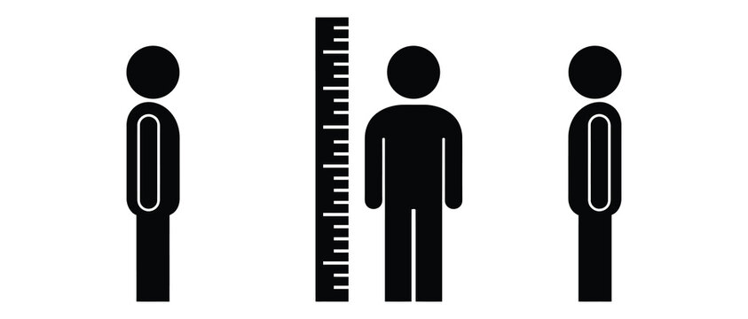 comparison graphic showing height differences between three stylized human figures with measuring tape