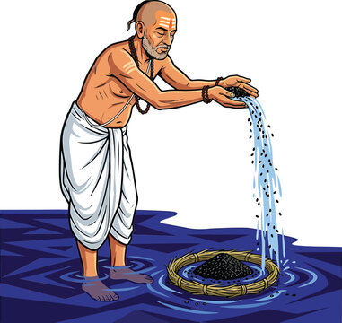 Indian brahmin priest performing tarpanam ritual, offering water and black sesame seeds in river