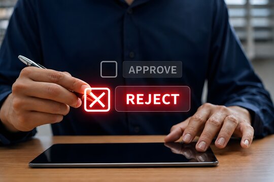 Businessman Making Reject Selection on Interactive Digital Approval System, Featuring Advanced Workflow Management, Decision Verification, and Professional Business Process Solutions.