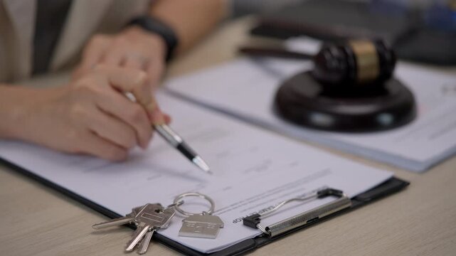 Legal Professional Reviewing Property Contract with House Keys and Judge Gavel
