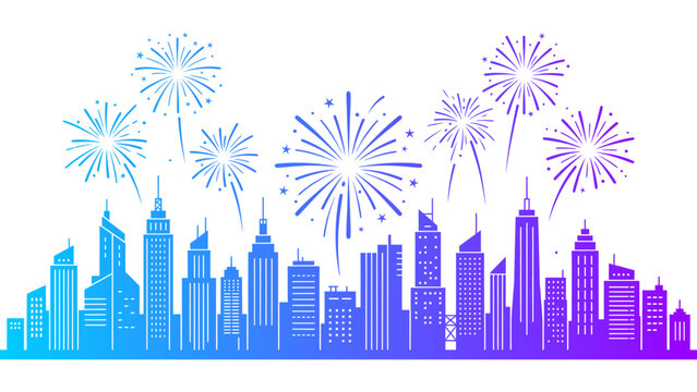 Vibrant city skyline silhouette glowing under colorful festive fireworks showing a joyful nighttime metropolis celebration gathering people together for a memorable urban event in the downtown