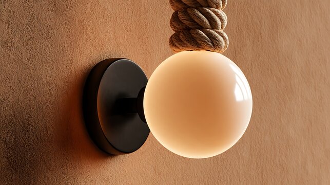Modern wall sconce light fixture with round bulb and rope accent on warm wall