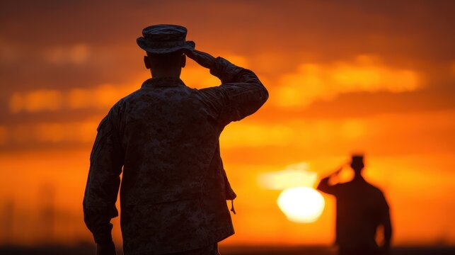 Man in military dress uniform salutes at sunset with another soldier standing behind in the background