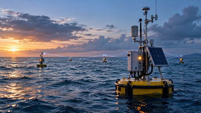 Solar powered ocean monitoring buoy network at sunset