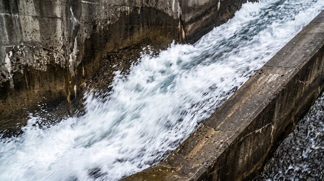 Powerful rushing water cascades down a narrow concrete channel captured with high shutter speed motion blur