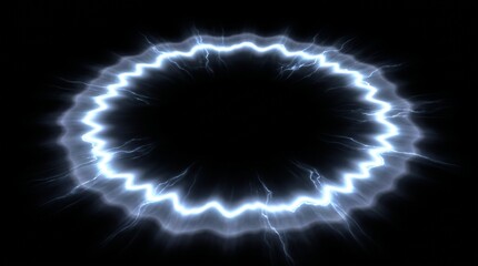 Fototapeta premium Glowing electric energy portal circular frame featuring bright blue lightning bolts on a dark black surface