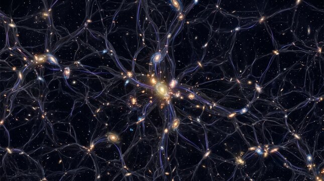 Digital illustration of dark matter web connecting galaxies in space with cosmic network background