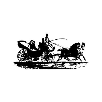 Vintage horse drawn carriage with driver silhouette vector illustration