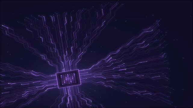 Microchip glowing purple with intricate data streams and lines emanating across dark futuristic background textures.