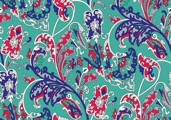 Seamless repeating pattern with paisley motifs placed at different angles, balanced by smaller floral elements and filler © Venkatsai