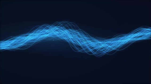 Sound wave glowing electric blue across smooth dark horizontal curves with soft luminous texture and ambient lighting.
