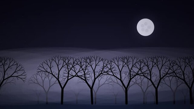 Spooky Misty Forest Landscape with Bare Trees and Full Moon Halloween Animation