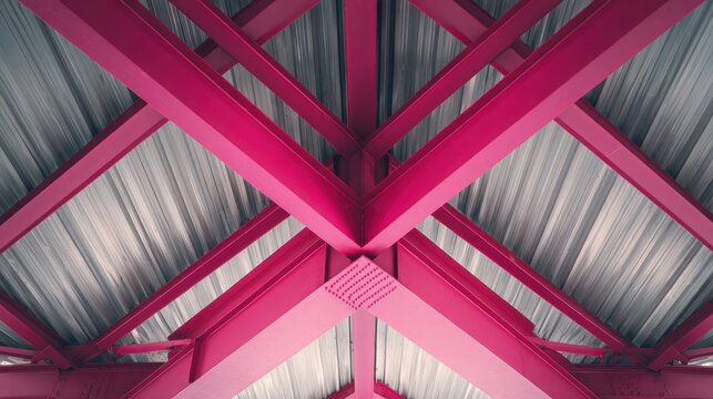 Bright pink metal beams form an X shape under a corrugated metal roof in an industrial area
