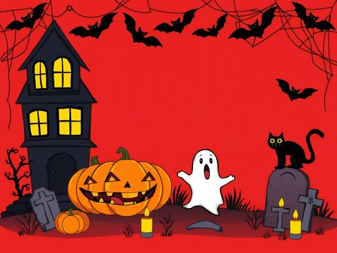 Halloween background with spooky house pumpkin ghost cat and bats on red