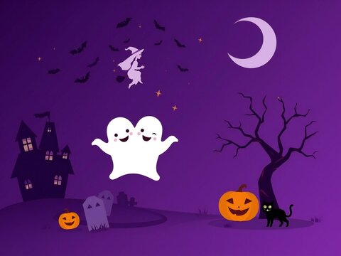 Cute two headed ghost flying with a witch and pumpkins in a spooky halloween night scene