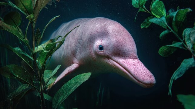 Pink Amazon river dolphin surfaces in dark water among green plants in the Amazon River region