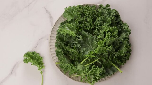 fresh organic kale leaves on plate top view zoom
