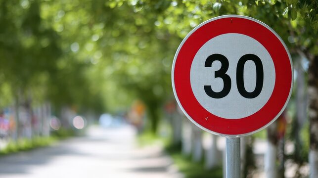 Traffic sign indicating a speed limit of 30 in a tree-lined area during the day