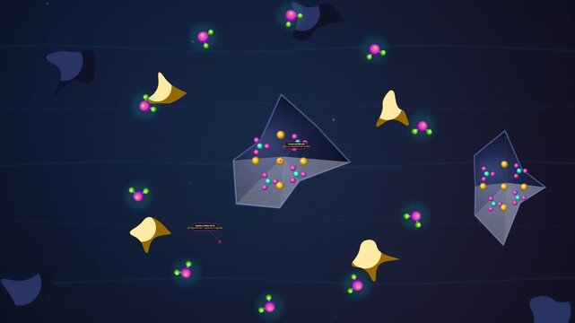 Educational 3D animation detailing the chemical process of concrete hydration showing water molecules interacting with cement grains to form calcium silicate hydrate and ettringite crystals