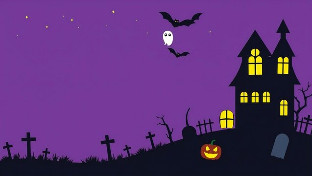 Spooky haunted house with bats and ghost on a purple night for halloween