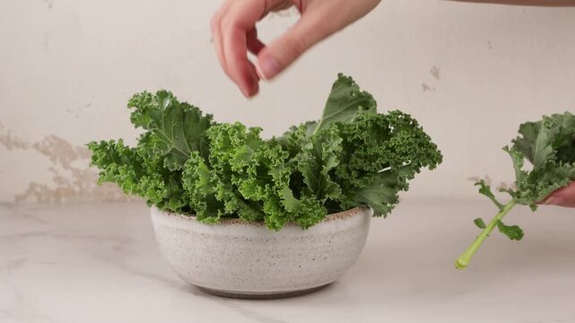hands tale out fresh kale leaves from bowl clean eating