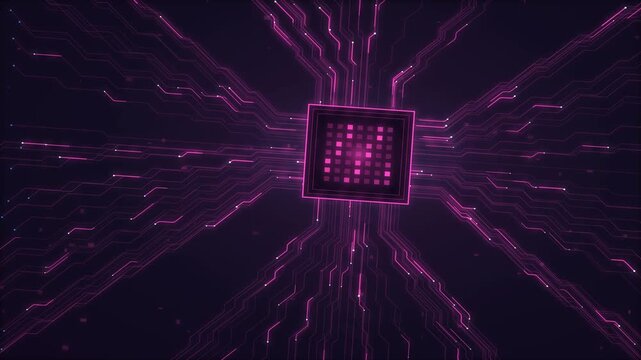 Processor unit emanates warm magenta illumination through radiating circuit paths, creating a striking visual metaphor for advanced artificial intelligence.