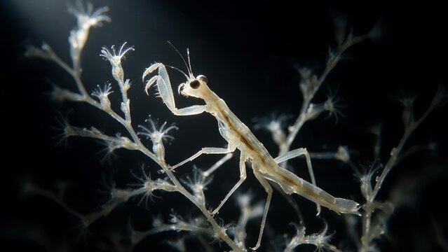 Mantis-Like Larva Perched on Hydroid Underwater