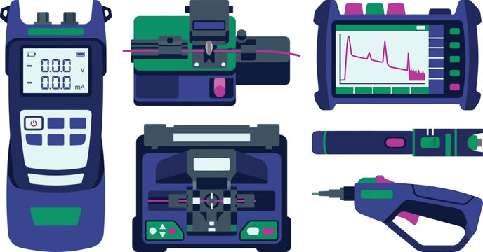 Fiber optic installation testing and fusion splicing equipment vector icon set including otdr meter and cleaver