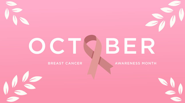 Pink banner design for October breast cancer awareness month with pink ribbon symbol, white text and decorative leaf illustrations for healthcare campaigns