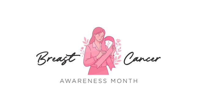 Breast cancer awareness month design with a mother holding a child and a pink ribbon illustration isolated on a white background for healthcare campaigns
