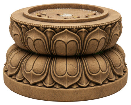 Carved brown stone lotus throne pedestal isolated on a transparent background