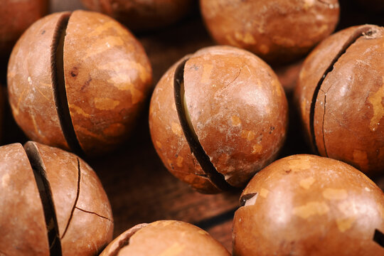 in-shell macadamia nuts in a wooden table 