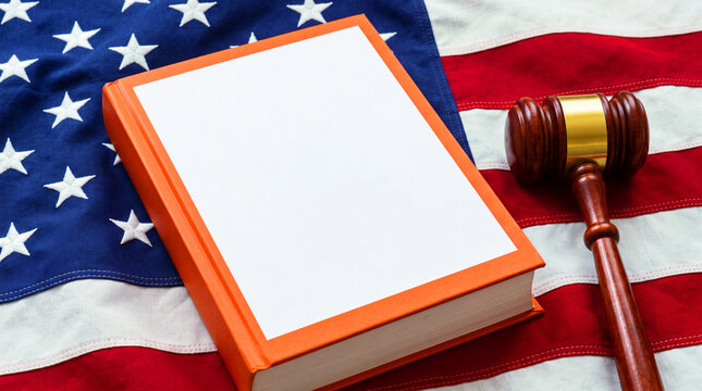 Orange law book and wooden judge gavel on american flag background