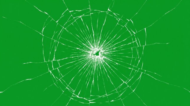 Shattered glass texture with intricate radial cracks spreading from center point against vibrant green screen