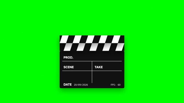 Movie clapperboard on green screen chroma key background, film production equipment for video editing