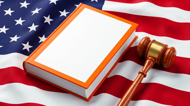 A wooden judge gavel and a blank orange book on an american flag background
