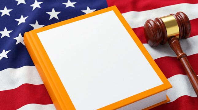 Gavel and blank law book on american flag background