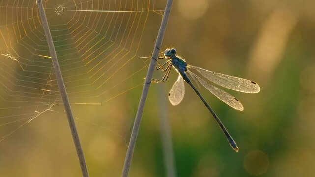 Dragonfly Perched on Stick Near Spider Web, Soft Golden Light, Natural Habitat, This series of frames showcases an ethereal moment where a dragonfly rests gracefully