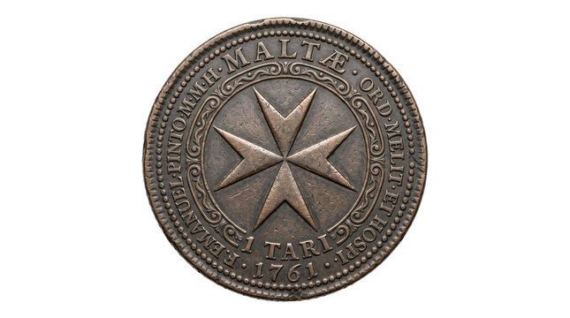 Antique bronze coin with Maltese cross, vintage 1761 Tari currency from Malta, weathered metal numismatic artifact on white background