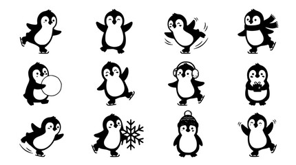Obraz premium Penguins Set with Various Poses, Winter Activities, and Accessories