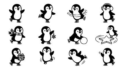 Obraz premium Penguins Set with Various Actions, Winter Activities, and Playful Poses